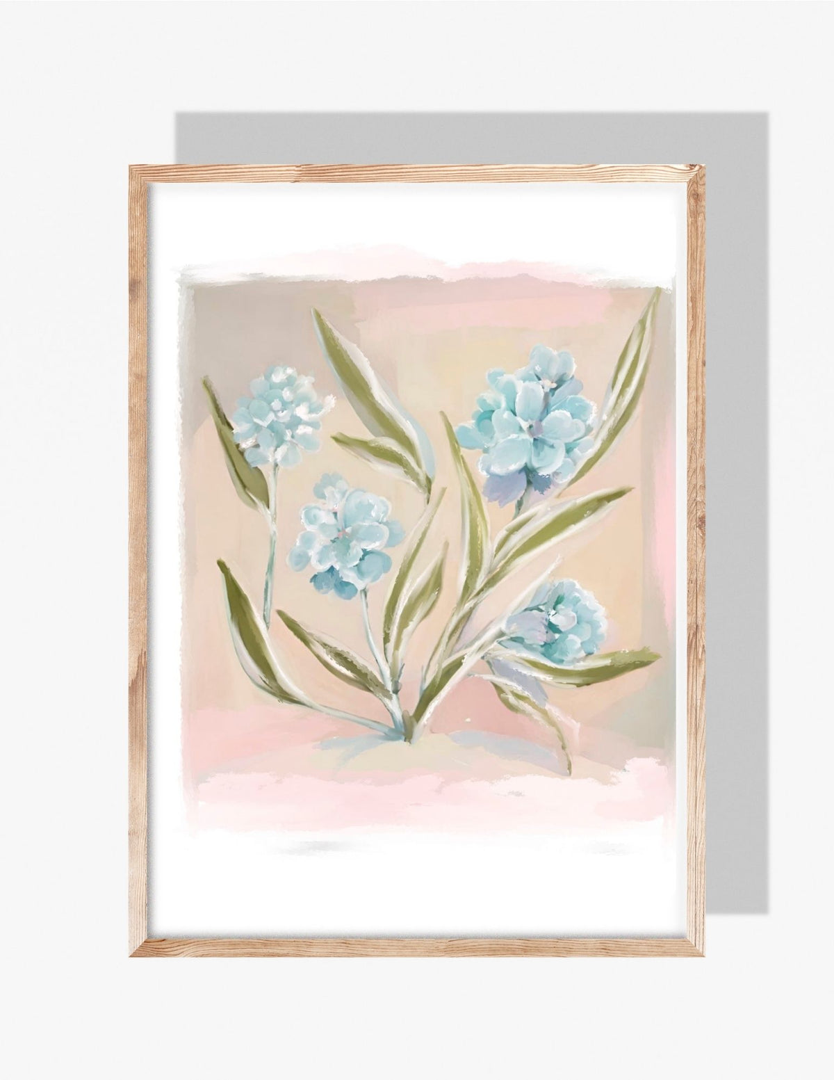 Pastel painting of soft blue blossoms and green leaves on a blush background — art by Rebecca Illustrated