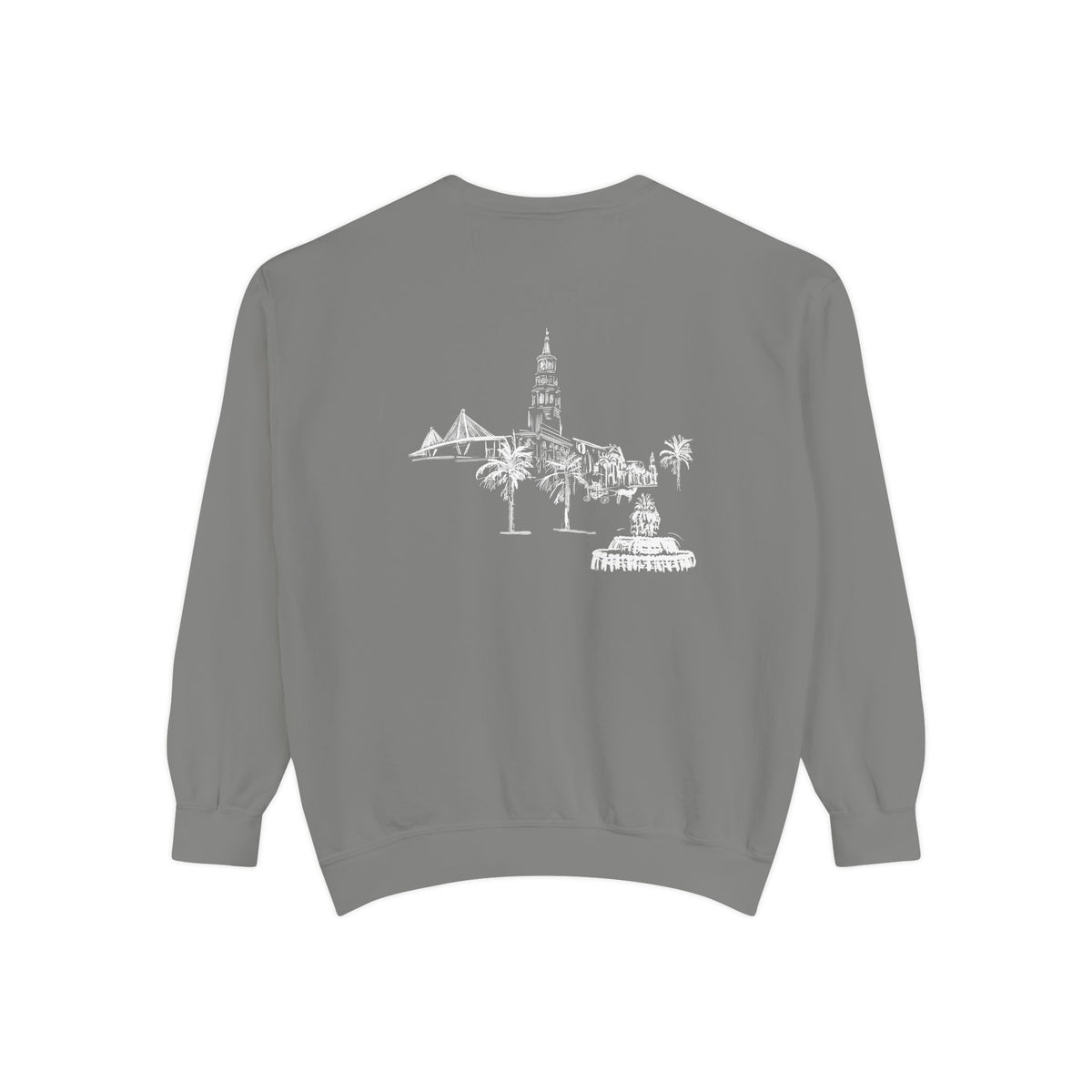 Back view of Charleston crewneck sweatshirt featuring matching Charleston skyline design, original art by Rebecca Illustrated.