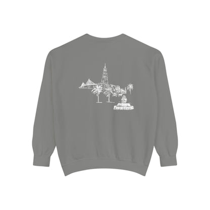 Back view of Charleston crewneck sweatshirt featuring matching Charleston skyline design, original art by Rebecca Illustrated.