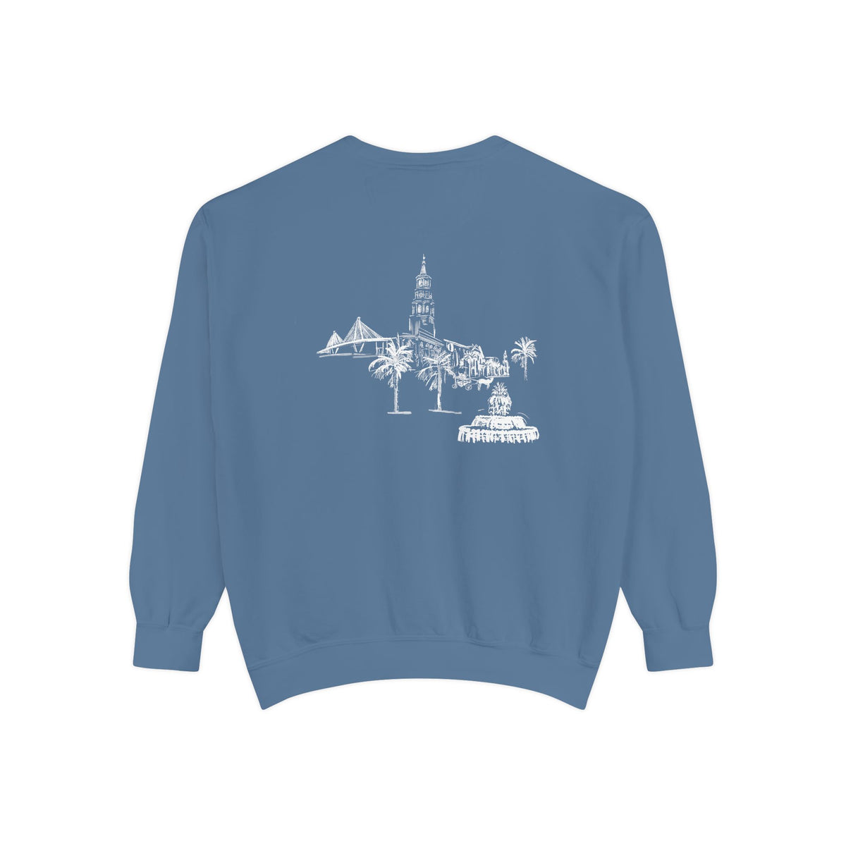Back view of Charleston crewneck sweatshirt featuring matching Charleston skyline design, original art by Rebecca Illustrated.