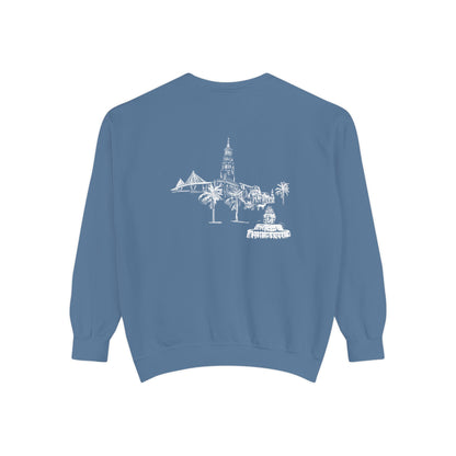 Back view of Charleston crewneck sweatshirt featuring matching Charleston skyline design, original art by Rebecca Illustrated.