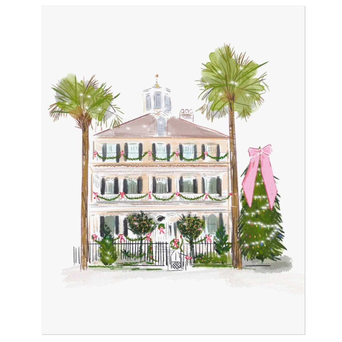 Christmas art print of a Charleston-style historic home decorated with garlands, wreaths, palm trees, and a Christmas tree with a pink bow, illustrated by Rebecca Illustrated