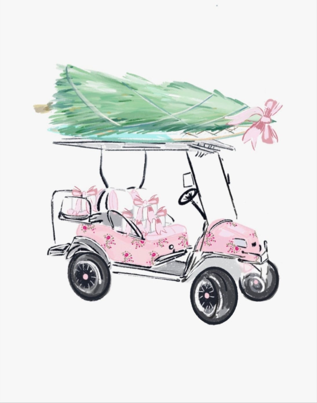Pink floral golf cart carrying a Christmas tree tied with a pink bow, illustrated in a whimsical holiday style by Rebecca Illustrated.