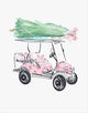 Pink floral golf cart carrying a Christmas tree tied with a pink bow, illustrated in a whimsical holiday style by Rebecca Illustrated.