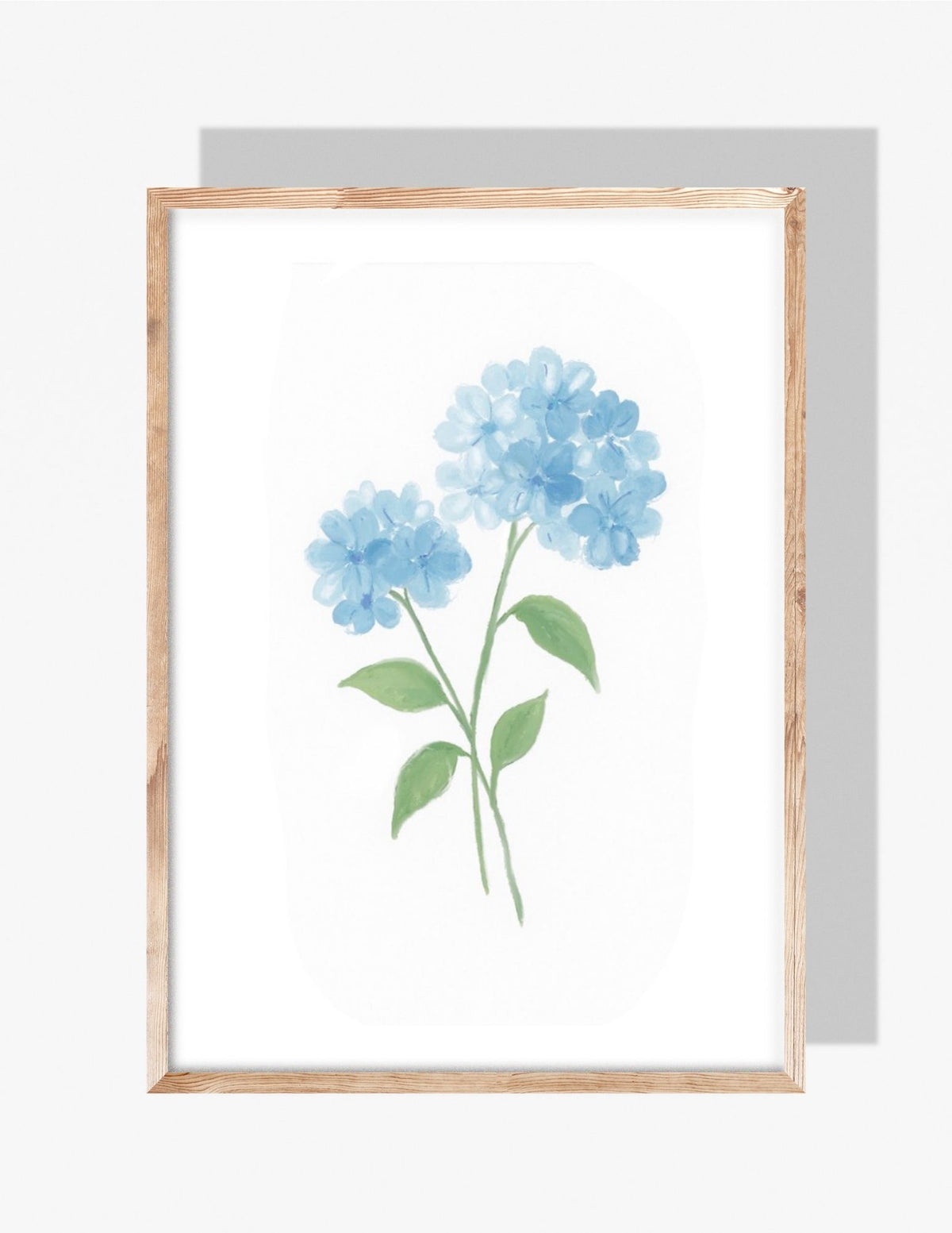 Minimalist watercolor illustration of two blue hydrangea stems with green leaves — art by Rebecca Illustrated.