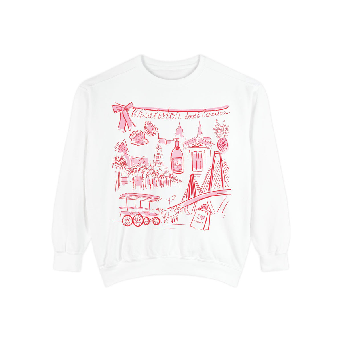 White sweatshirt featuring red illustrated Charleston South Carolina landmarks including bridge, pineapples, buildings, horse carriage, and artwork by Rebecca Illustrated