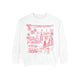 White sweatshirt featuring red illustrated Charleston South Carolina landmarks including bridge, pineapples, buildings, horse carriage, and artwork by Rebecca Illustrated