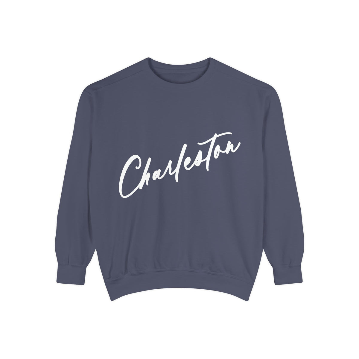 Navy blue sweatshirt with 'Charleston' in white text on a white background