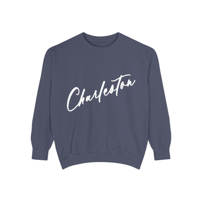 Navy blue sweatshirt with 'Charleston' in white text on a white background