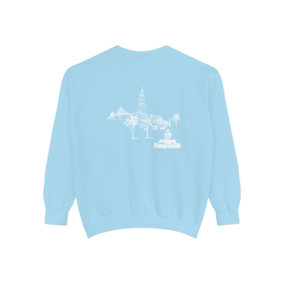 Back view of Charleston crewneck sweatshirt featuring matching Charleston skyline design, original art by Rebecca Illustrated.