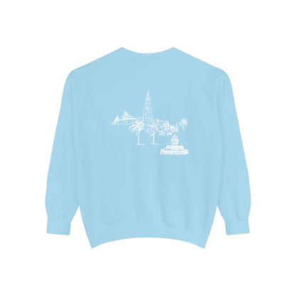 Back view of Charleston crewneck sweatshirt featuring matching Charleston skyline design, original art by Rebecca Illustrated.