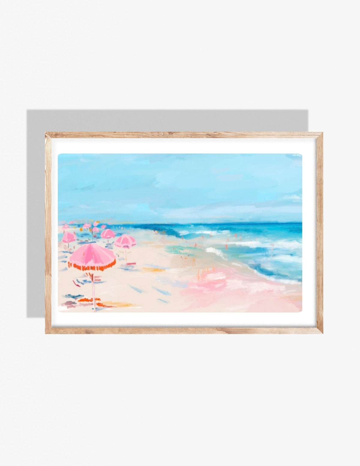 Pastel beach painting with pink umbrellas on sand and turquoise ocean waves — art by Rebecca Illustrated