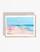 Pastel beach painting with pink umbrellas on sand and turquoise ocean waves — art by Rebecca Illustrated