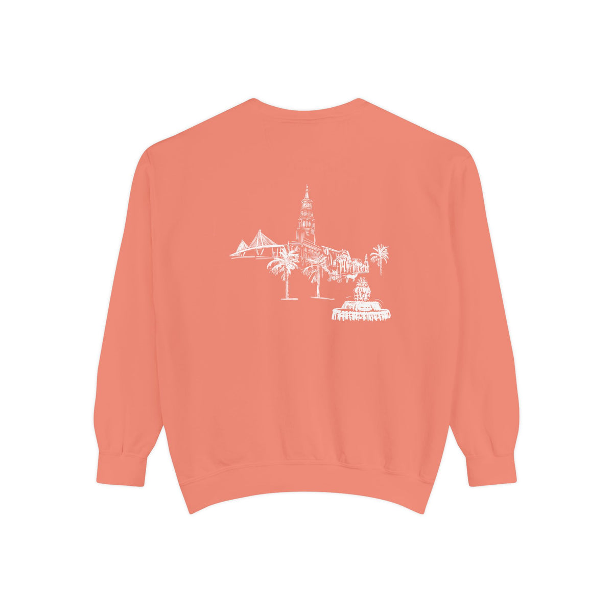 Back view of Charleston crewneck sweatshirt featuring matching Charleston skyline design, original art by Rebecca Illustrated.