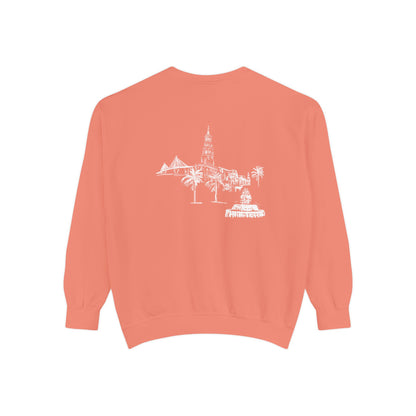 Back view of Charleston crewneck sweatshirt featuring matching Charleston skyline design, original art by Rebecca Illustrated.