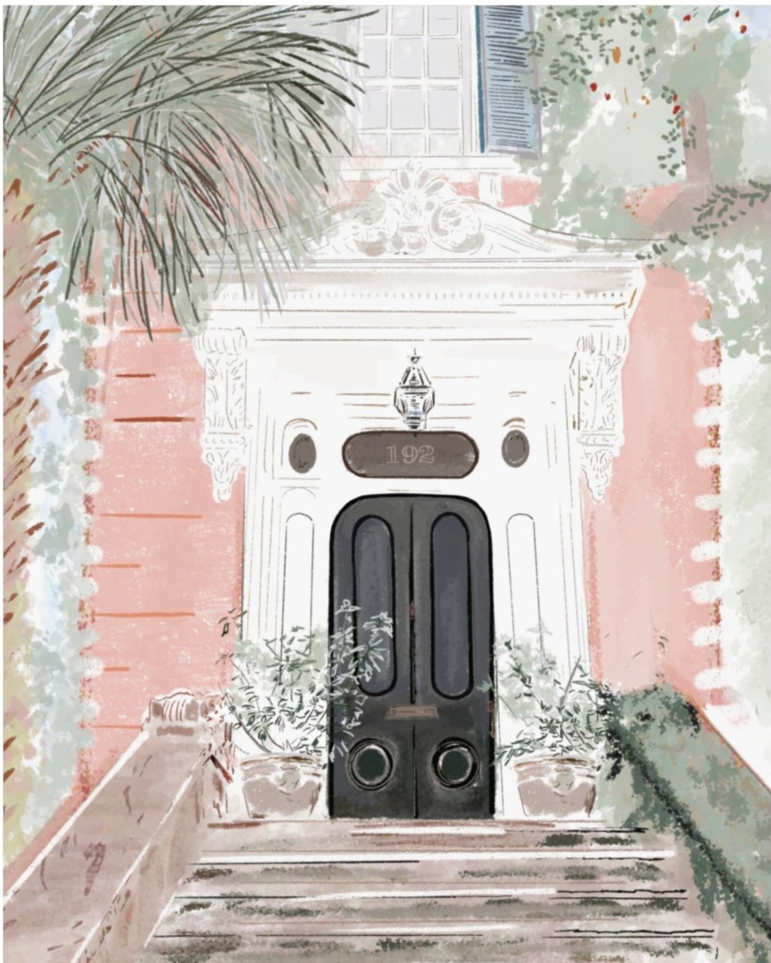 Pastel illustration of a historic Charleston pink house with ornate white trim, black double doors, and surrounding greenery by Rebecca Illustrated.