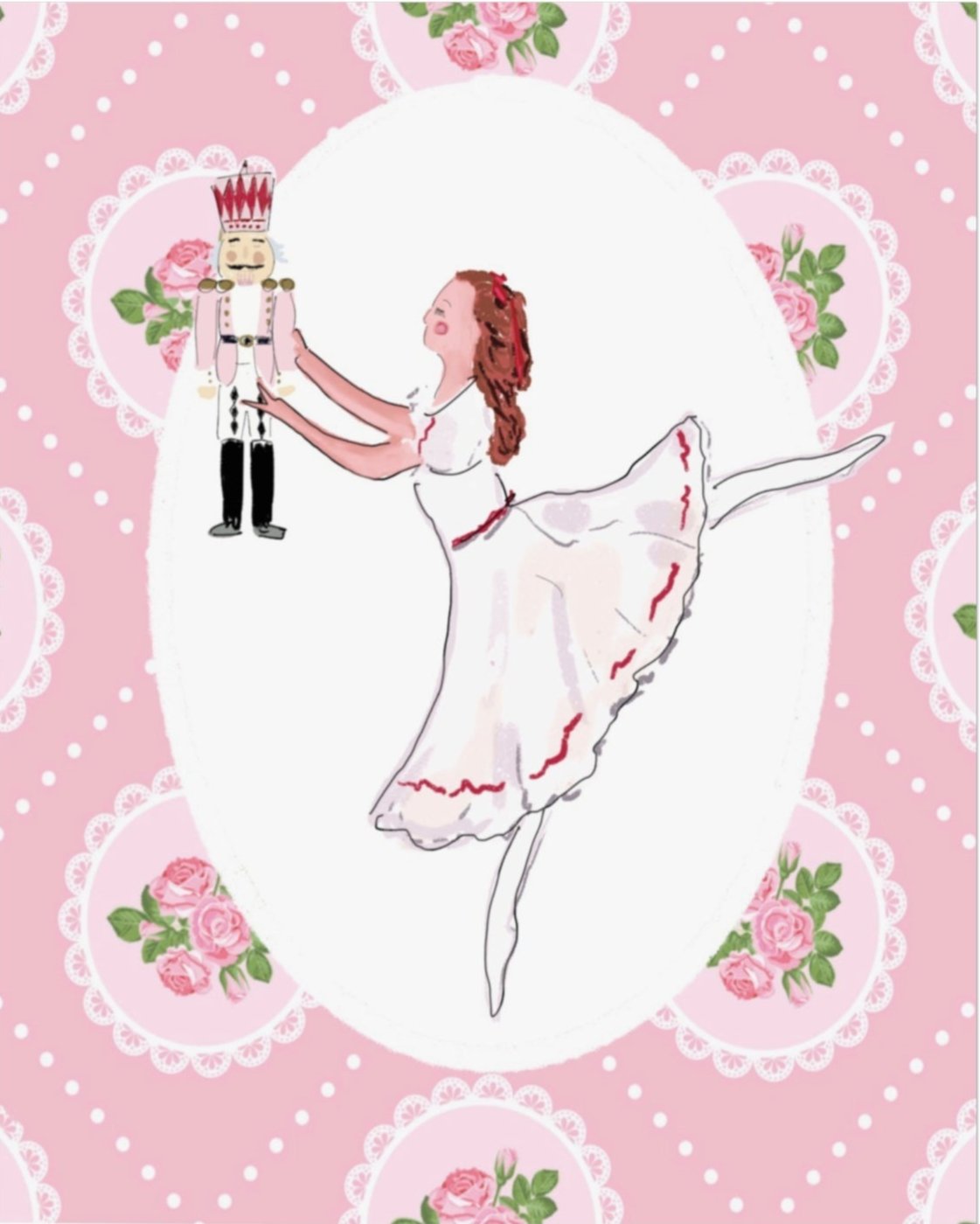 Pink Nutcracker ballet art print featuring a ballerina holding a nutcracker doll with a floral patterned background, artwork by Rebecca Illustrated.