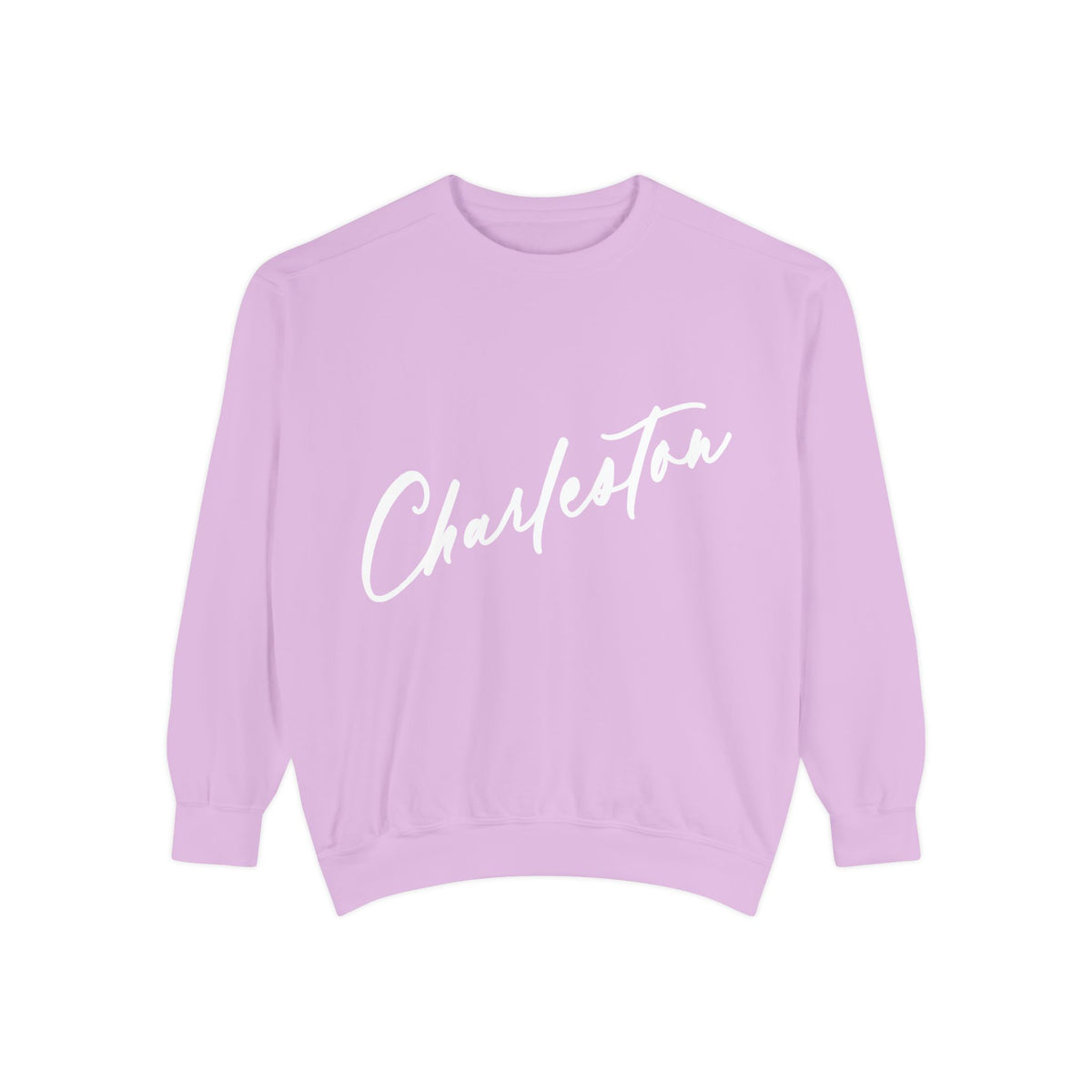 Lavender sweatshirt with 'Chalfont' text on a white background