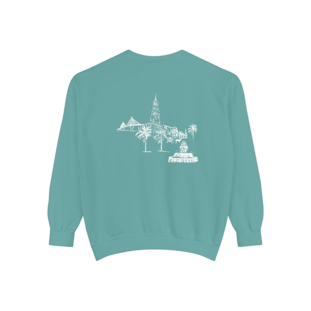 Back view of Charleston crewneck sweatshirt featuring matching Charleston skyline design, original art by Rebecca Illustrated.