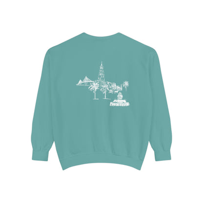 Back view of Charleston crewneck sweatshirt featuring matching Charleston skyline design, original art by Rebecca Illustrated.
