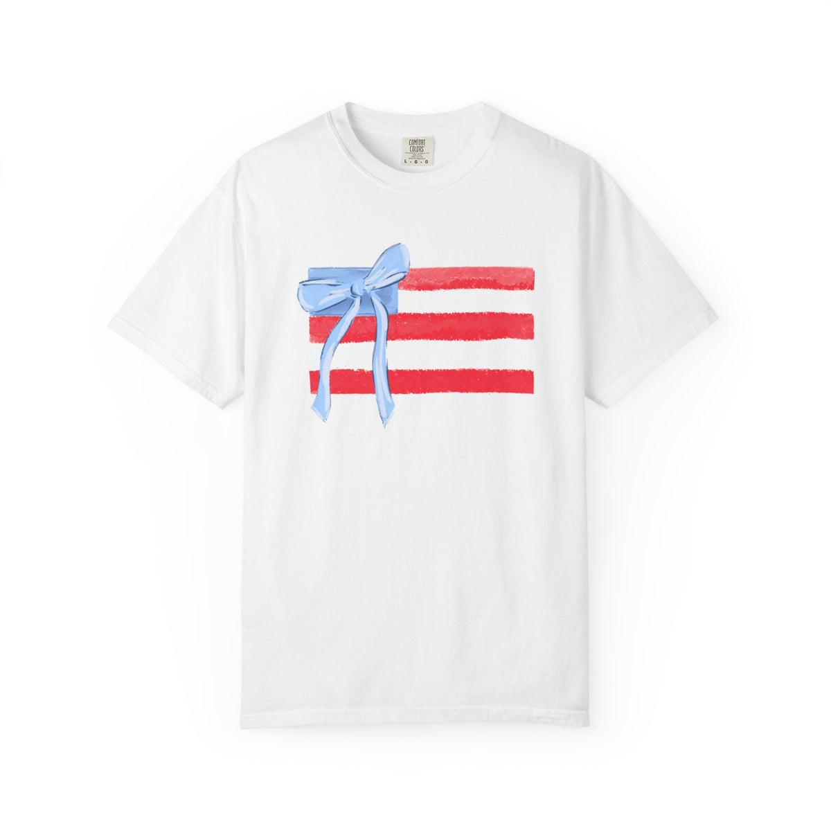 White t-shirt with hand-drawn red and white American flag stripes and a blue bow in the corner, original artwork by Rebecca Illustrated watercolor