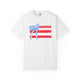 White t-shirt with hand-drawn red and white American flag stripes and a blue bow in the corner, original artwork by Rebecca Illustrated watercolor