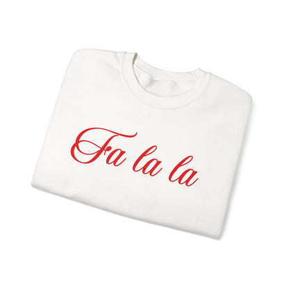 White sweatshirt with 'Fa la la' text in red on a white background
