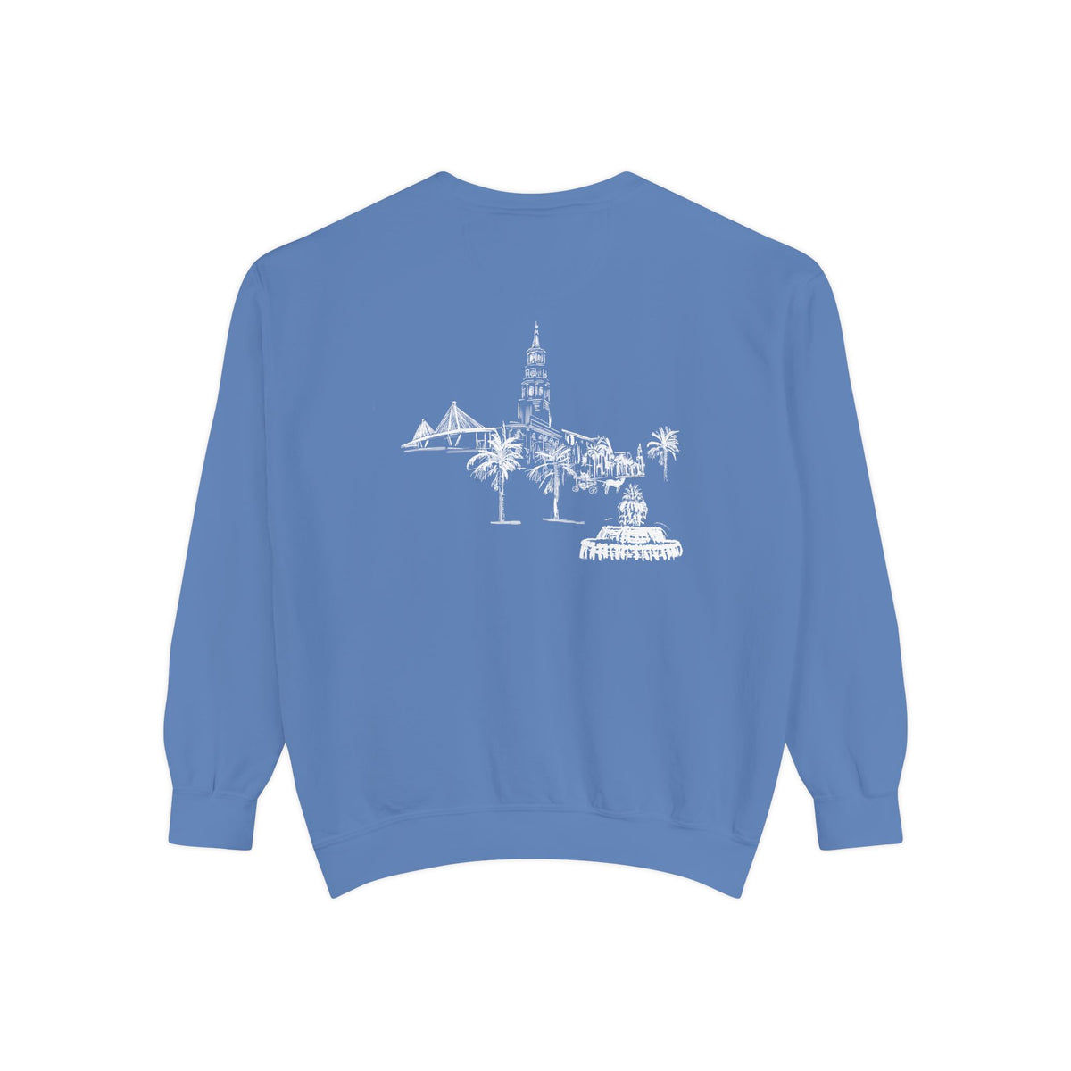 Back view of Charleston crewneck sweatshirt featuring matching Charleston skyline design, original art by Rebecca Illustrated.