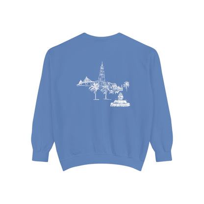 Back view of Charleston crewneck sweatshirt featuring matching Charleston skyline design, original art by Rebecca Illustrated.
