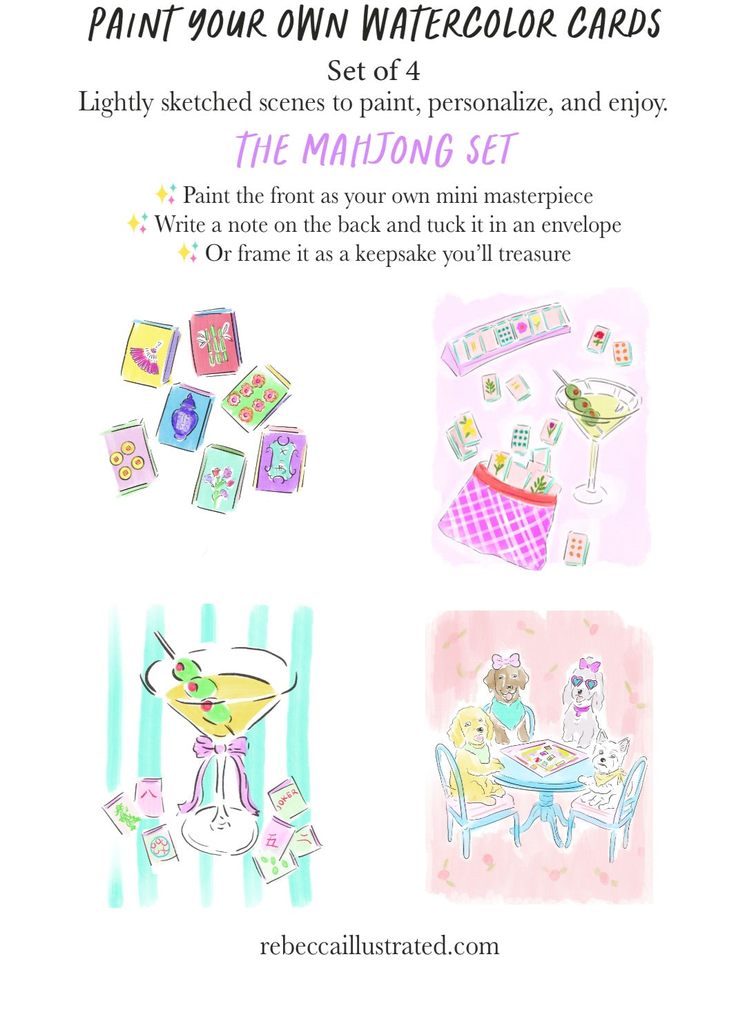 Set of watercolor cards with Mahjong-themed illustrations and text on a white background.