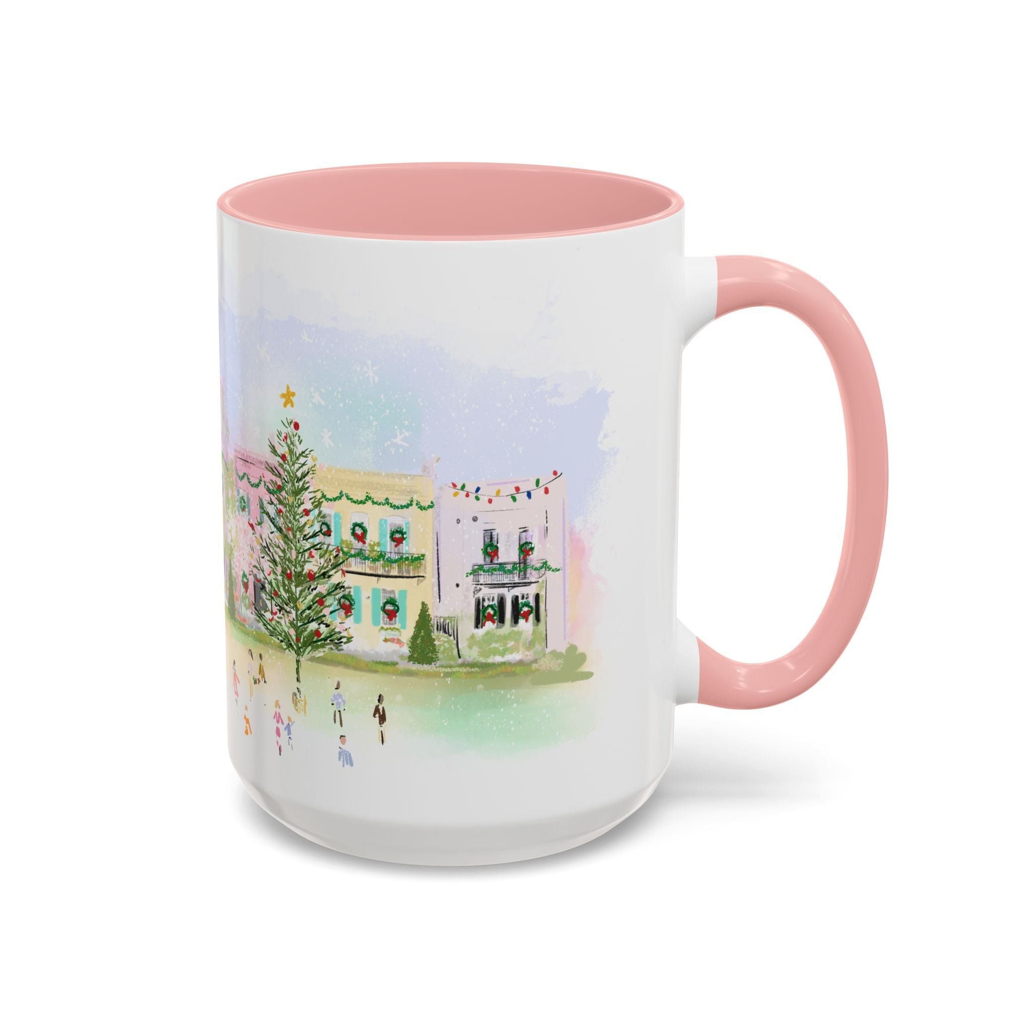 Rainbow Row Christmas illustrated ceramic mug with pink interior by Rebecca Illustrated