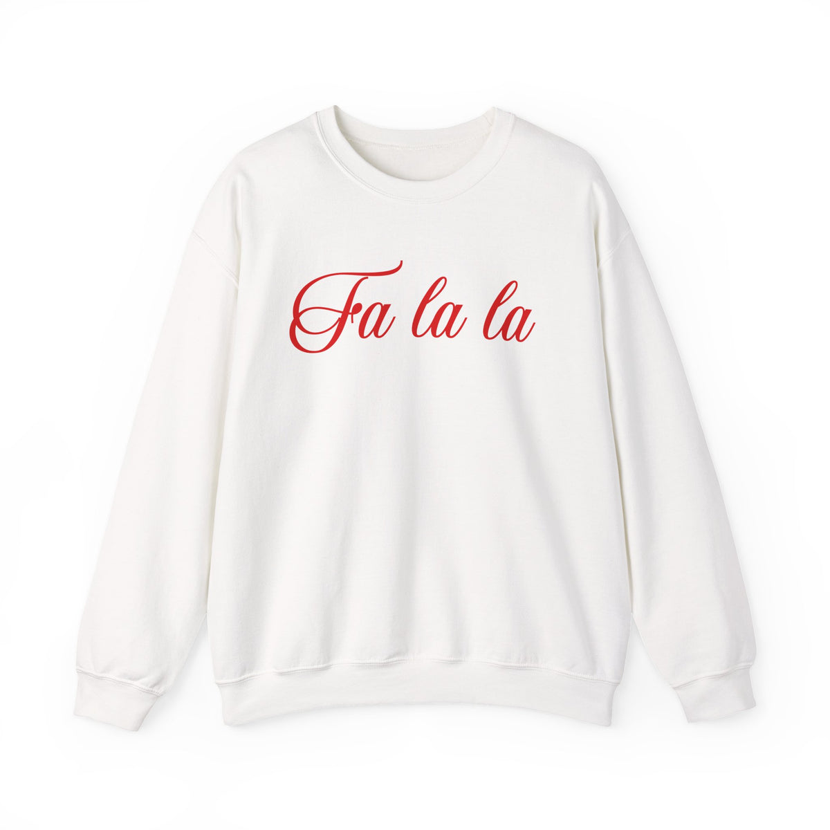 White sweatshirt with red 'Fa la la' text on a white background