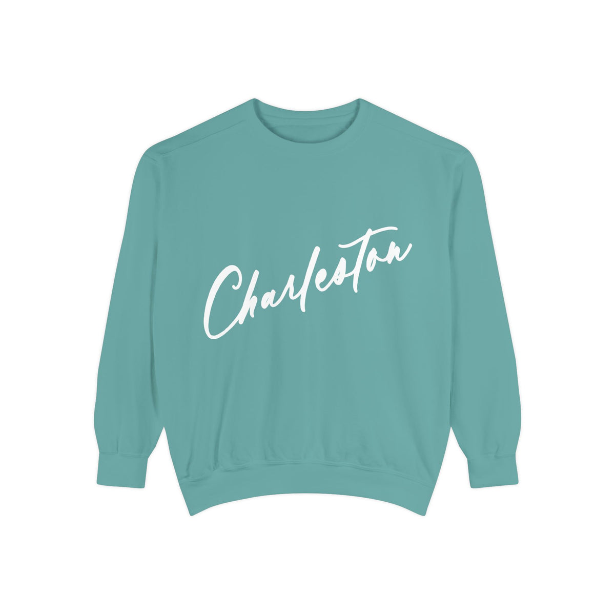 Teal sweatshirt with 'Charleston' text on a white background