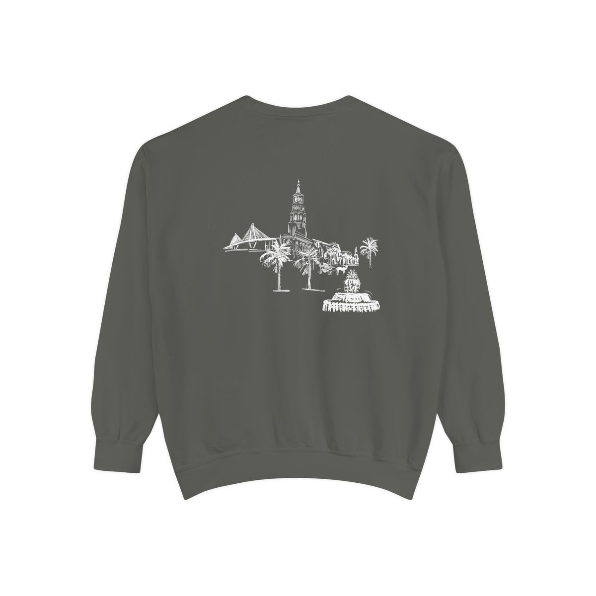 Back view of Charleston crewneck sweatshirt featuring matching Charleston skyline design, original art by Rebecca Illustrated.