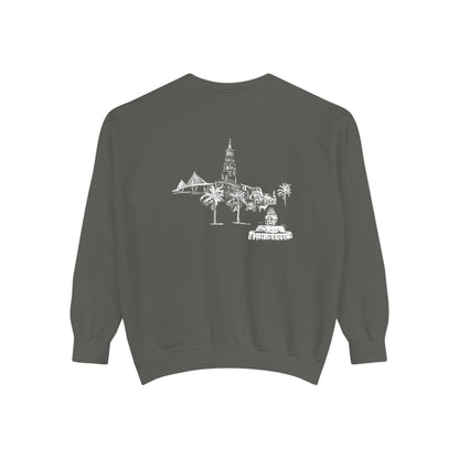 Back view of Charleston crewneck sweatshirt featuring matching Charleston skyline design, original art by Rebecca Illustrated.