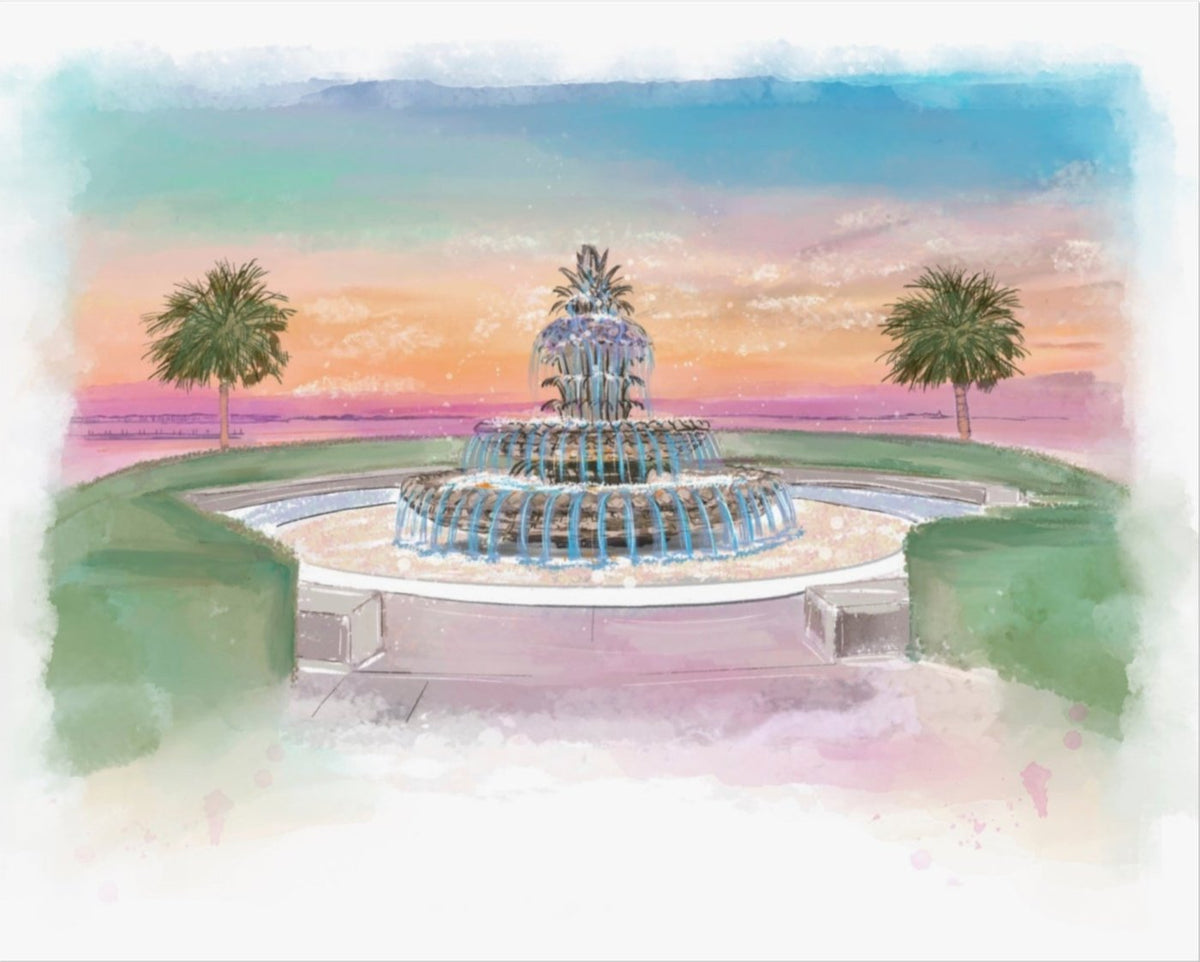 Illustration of the Pineapple Fountain at Charleston’s Waterfront Park during a colorful sunset — artwork by Rebecca Illustrated