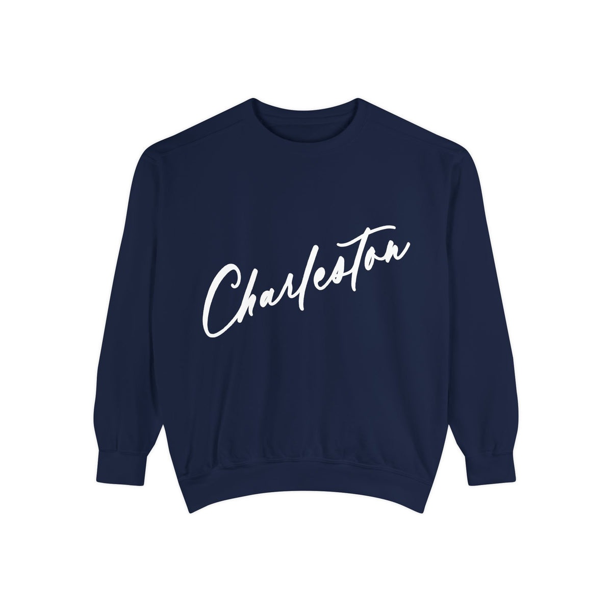 Navy unisex crewneck sweatshirt featuring white hand-lettered “Charleston” script by Rebecca Illustrated.
