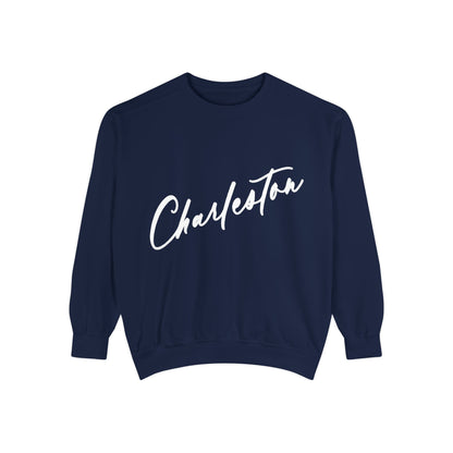 Navy unisex crewneck sweatshirt featuring white hand-lettered “Charleston” script by Rebecca Illustrated.