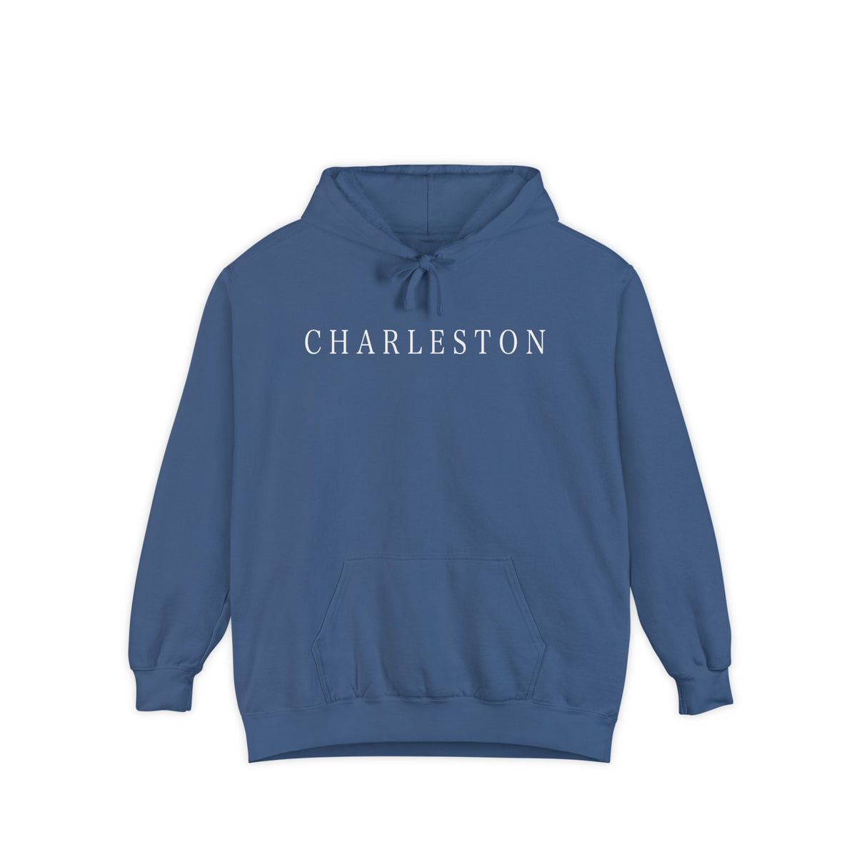 pullover hoodie with minimalist white ‘Charleston’ lettering on the chest, hand designed by Rebecca Illustrated; available in multiple colors