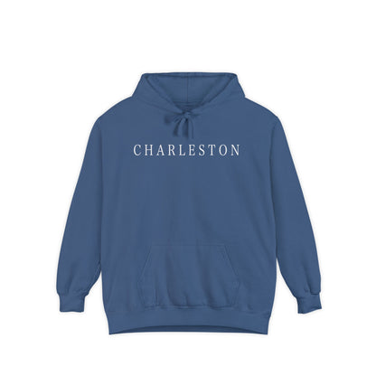 pullover hoodie with minimalist white ‘Charleston’ lettering on the chest, hand designed by Rebecca Illustrated; available in multiple colors