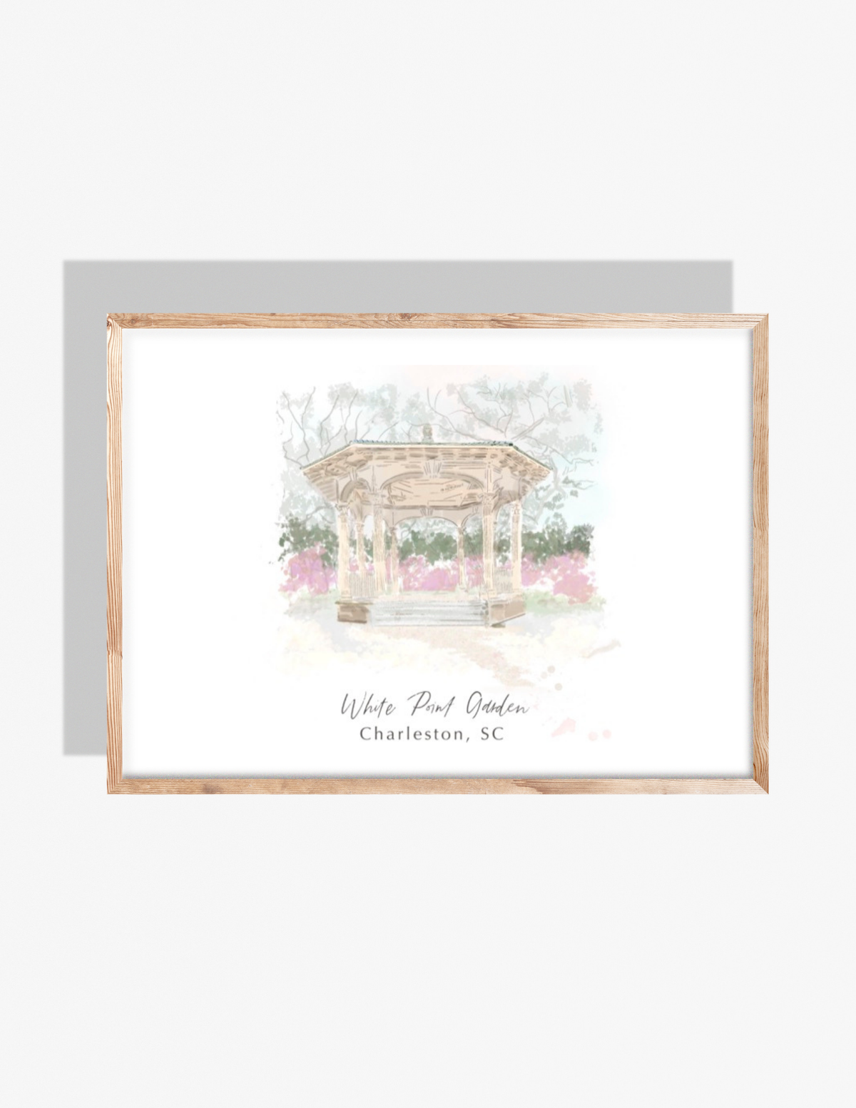 Watercolor-style illustration of the White Point Garden gazebo in Charleston, SC with soft florals and trees, artwork by Rebecca Illustrated
