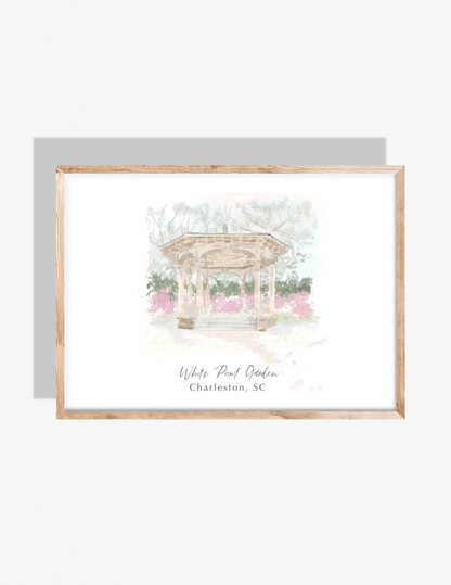 Watercolor-style illustration of the White Point Garden gazebo in Charleston, SC with soft florals and trees, artwork by Rebecca Illustrated