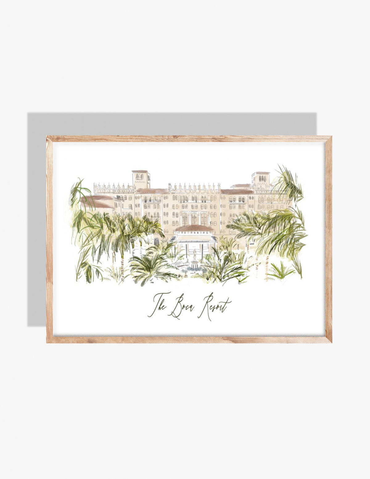 Illustration of The Boca Resort in Boca Raton, Florida with palm trees and Mediterranean-style architecture — artwork by Rebecca Illustrated