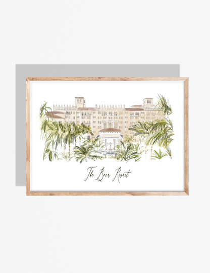 Illustration of The Boca Resort in Boca Raton, Florida with palm trees and Mediterranean-style architecture — artwork by Rebecca Illustrated