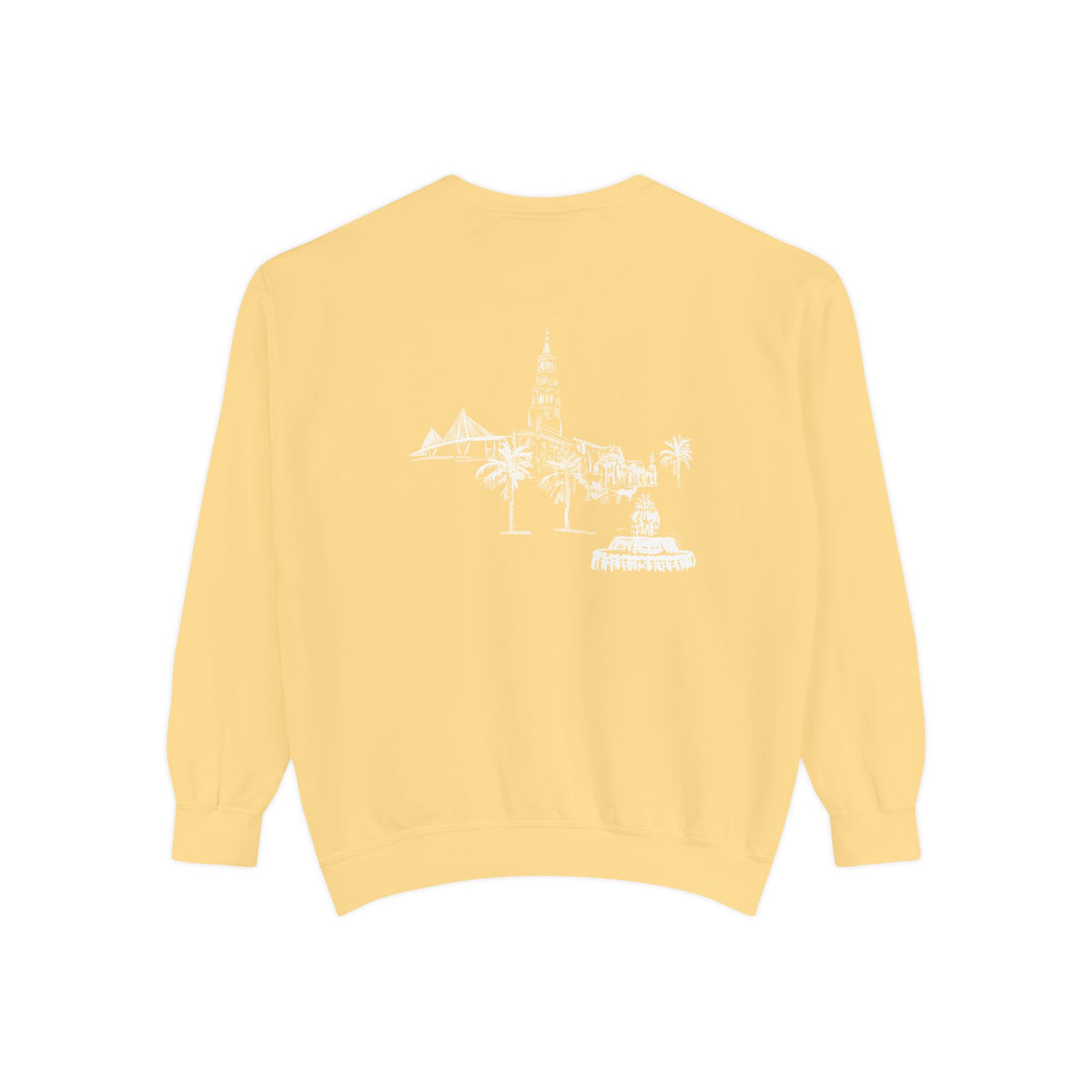 Back view of Charleston crewneck sweatshirt featuring matching Charleston skyline design, original art by Rebecca Illustrated.