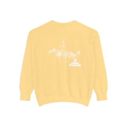 Back view of Charleston crewneck sweatshirt featuring matching Charleston skyline design, original art by Rebecca Illustrated.