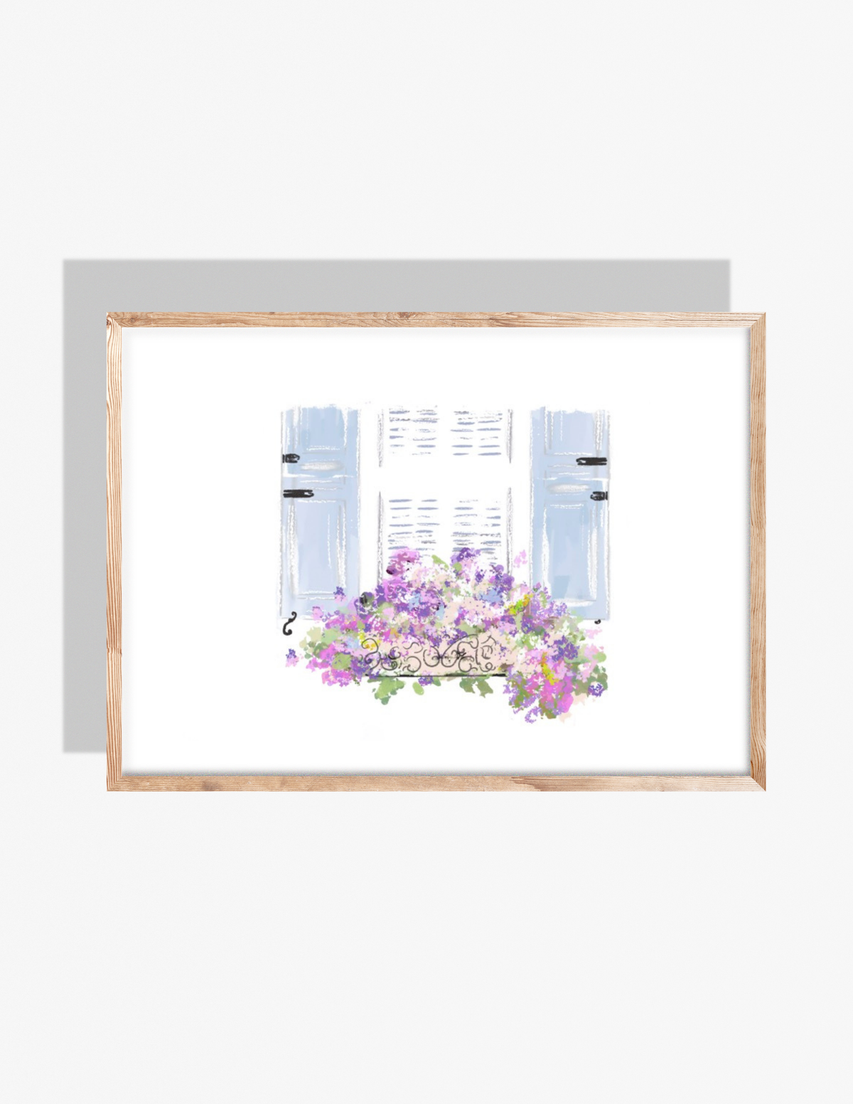 Illustration of pale blue French window shutters with a decorative flower box filled with purple and lavender florals, painted in a soft pastel style by Rebecca Illustrated.