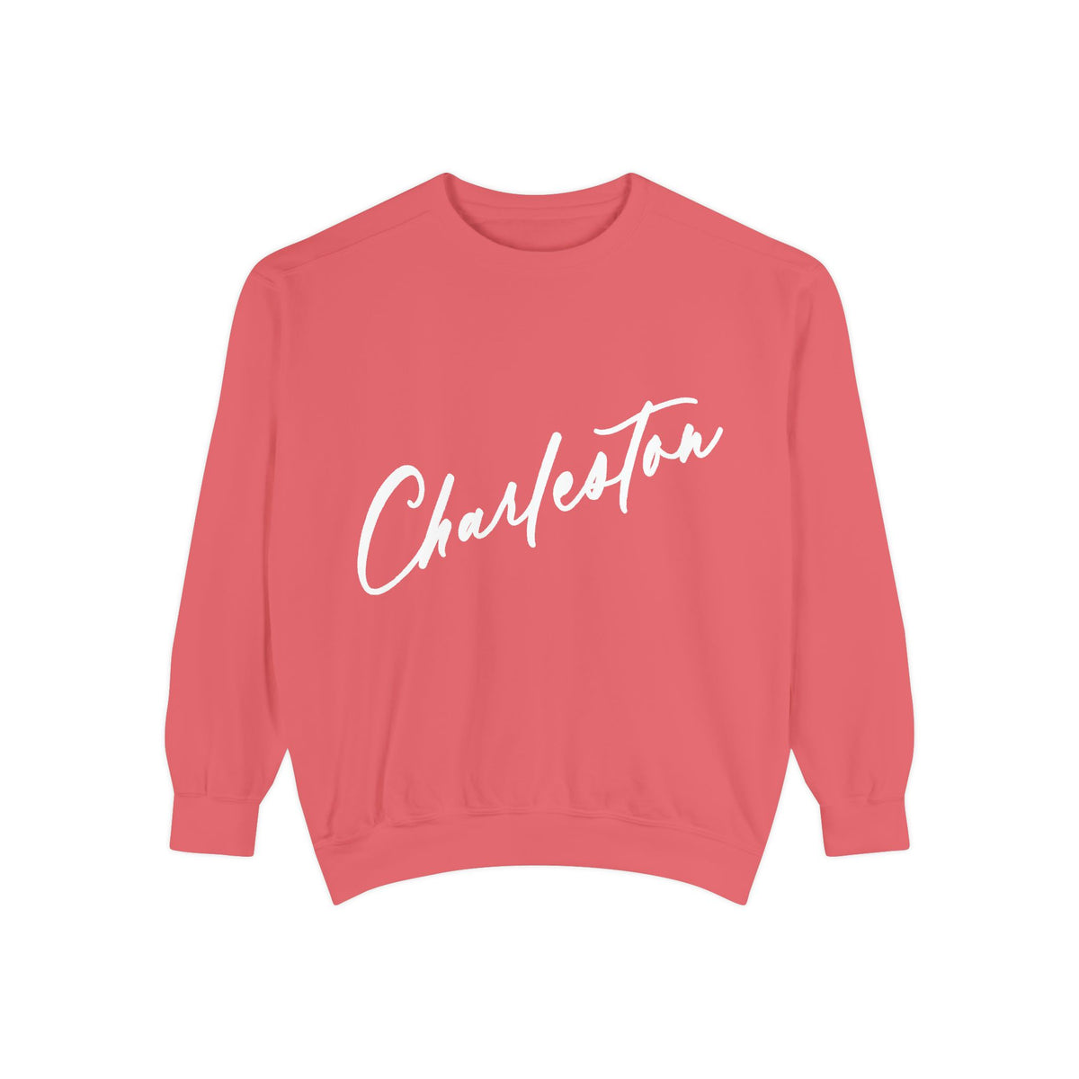 Pink/coral unisex crewneck sweatshirt featuring white hand-lettered “Charleston” script by Rebecca Illustrated.