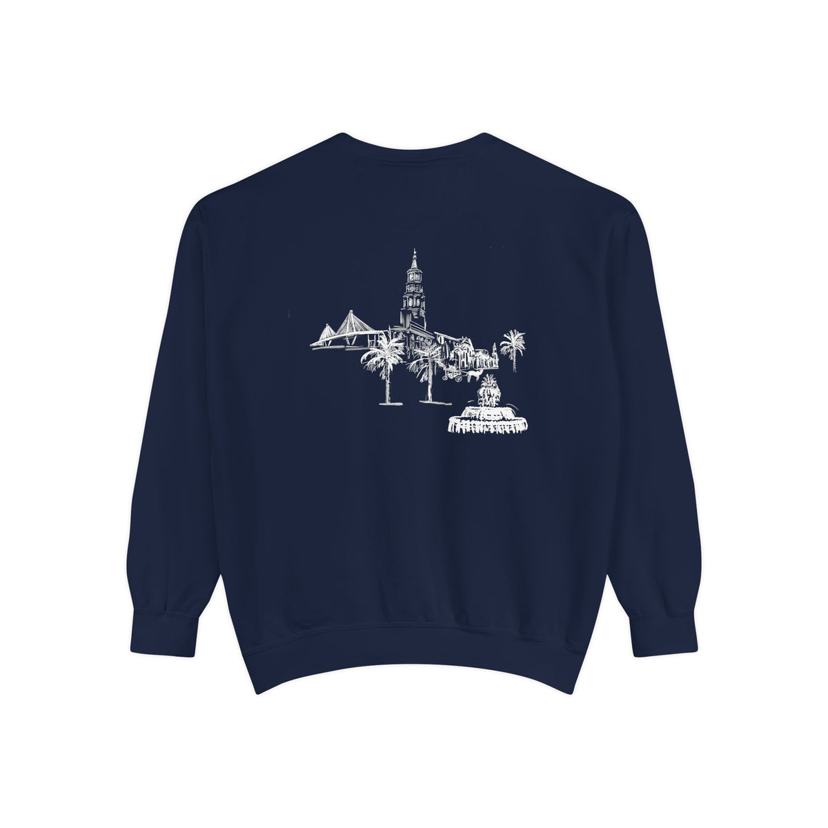 Back view of Charleston crewneck sweatshirt featuring matching Charleston skyline design, original art by Rebecca Illustrated.