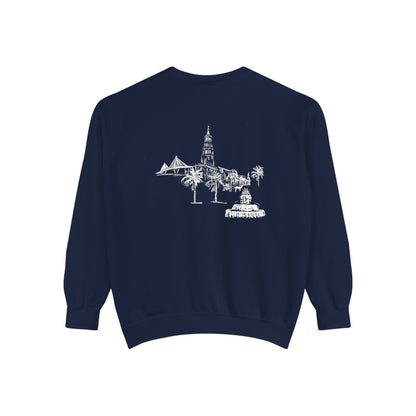 Back view of Charleston crewneck sweatshirt featuring matching Charleston skyline design, original art by Rebecca Illustrated.